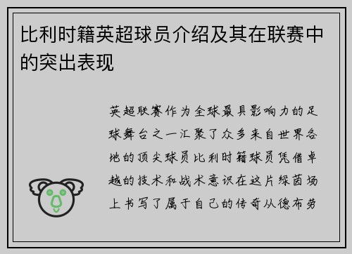 比利时籍英超球员介绍及其在联赛中的突出表现